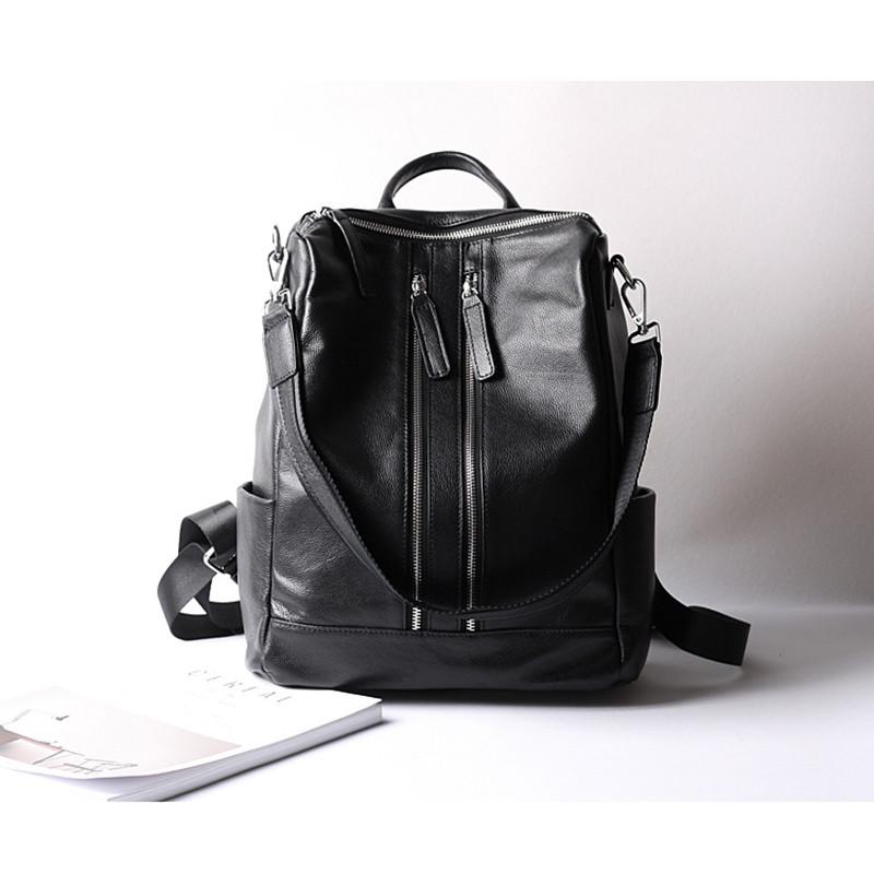 Black Double Zipper Leather Backpack