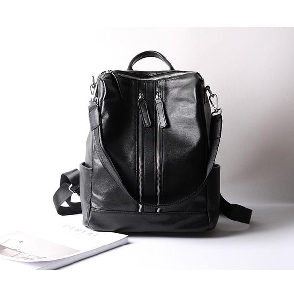 Black Double Zipper Leather Backpack