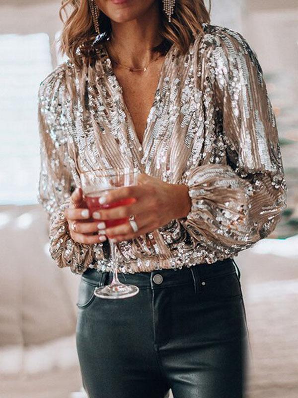 Wrap Sequin Decor Lantern Sleeve Top