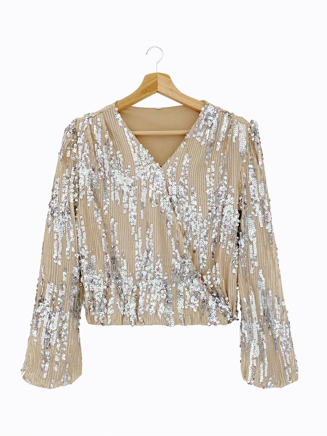 Wrap Sequin Decor Lantern Sleeve Top