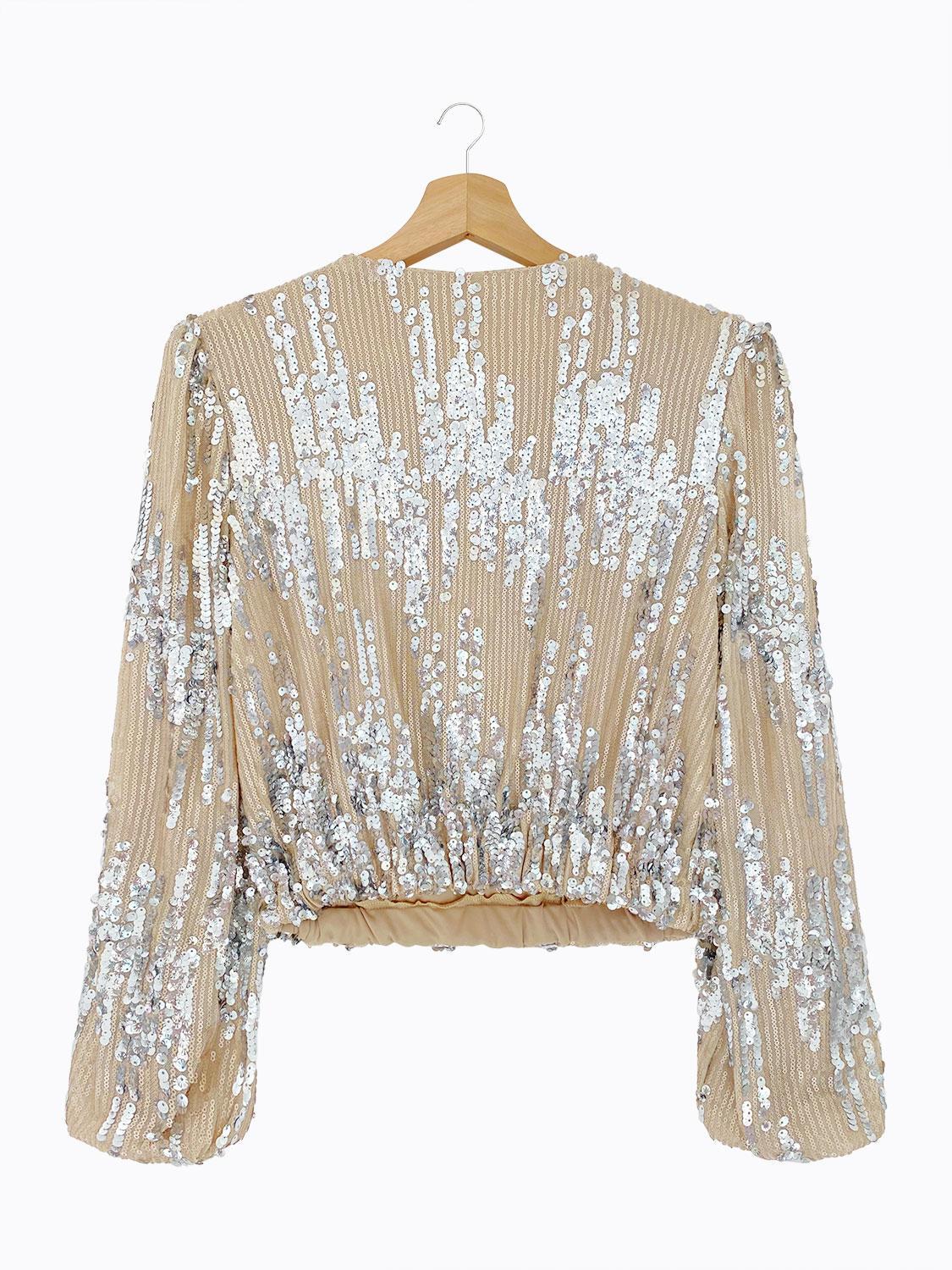 Wrap Sequin Decor Lantern Sleeve Top