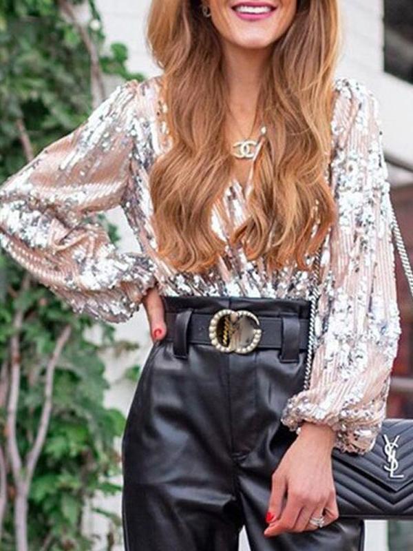 Wrap Sequin Decor Lantern Sleeve Top