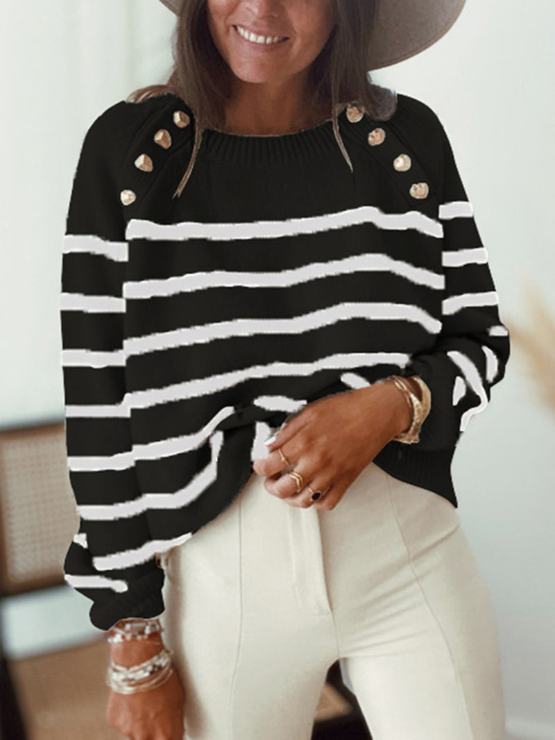 Black Buttons Striped Sweater