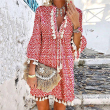 Load image into Gallery viewer, Red Floral Tassel Loose Mini Dress
