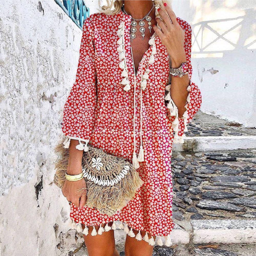 Red Floral Tassel Loose Mini Dress