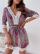 Load image into Gallery viewer, Blue Print V-neck Lace Mini Dress

