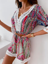 Load image into Gallery viewer, Blue Print V-neck Lace Mini Dress
