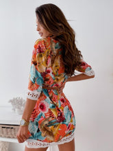 Load image into Gallery viewer, Blue Print V-neck Lace Mini Dress
