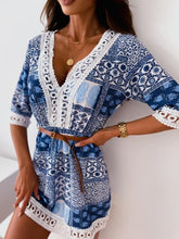 Load image into Gallery viewer, Blue Print V-neck Lace Mini Dress
