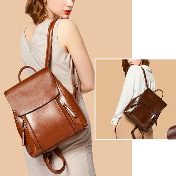 Double Zipper Top Grain Leather Backpack for Women Female Lether Designer Backpack Stylish School Backpack Shoulder Bags