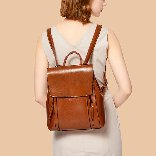 Double Zipper Top Grain Leather Backpack for Women Female Lether Designer Backpack Stylish School Backpack Shoulder Bags