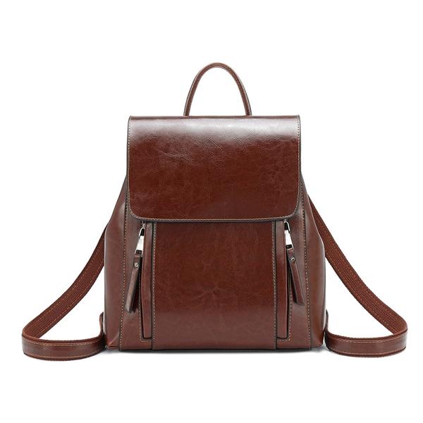 Coffee Double Zipper Leather Backpack