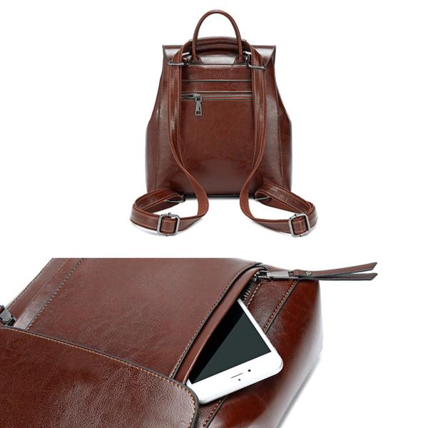 Coffee Double Zipper Leather Backpack