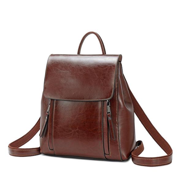Coffee Double Zipper Leather Backpack