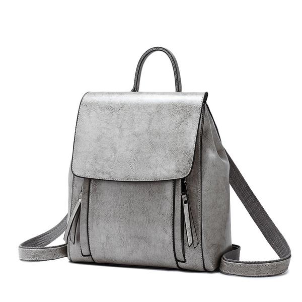 Grey Double Zipper Leather Backpack