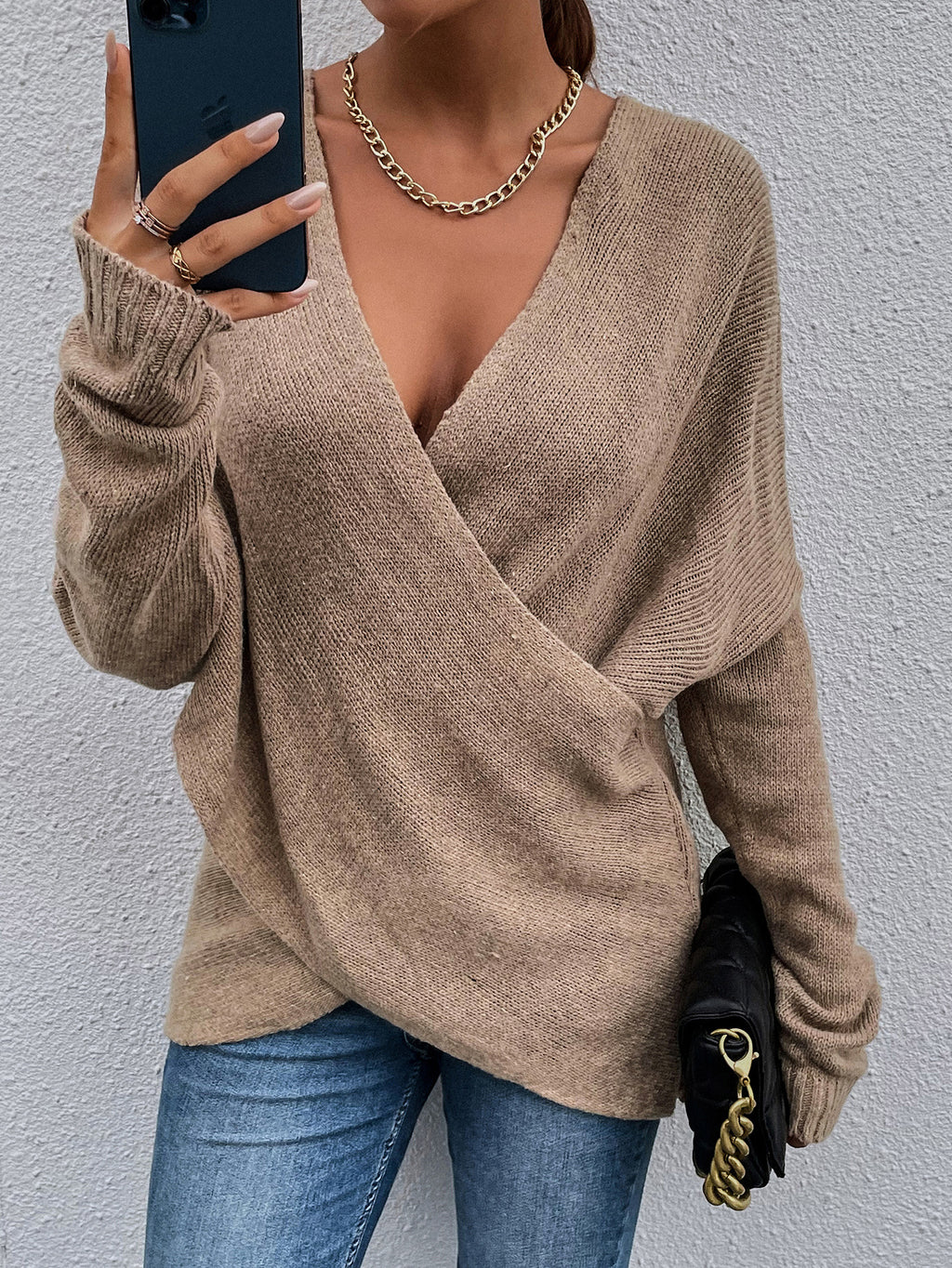 Brown V-neck Wrap Sweater