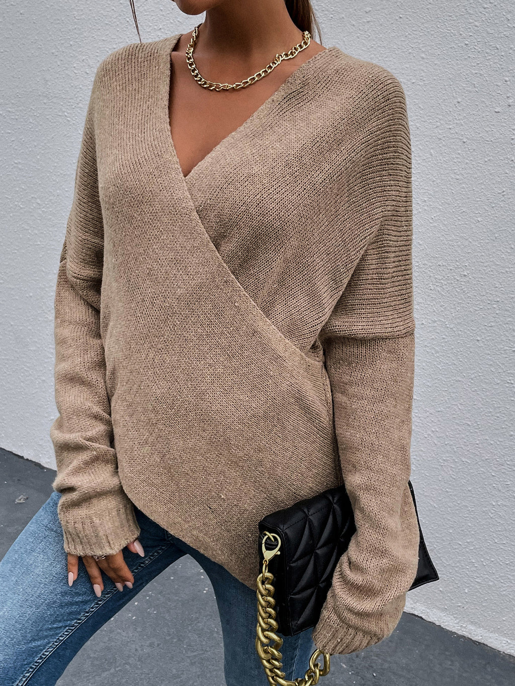 Brown V-neck Wrap Sweater