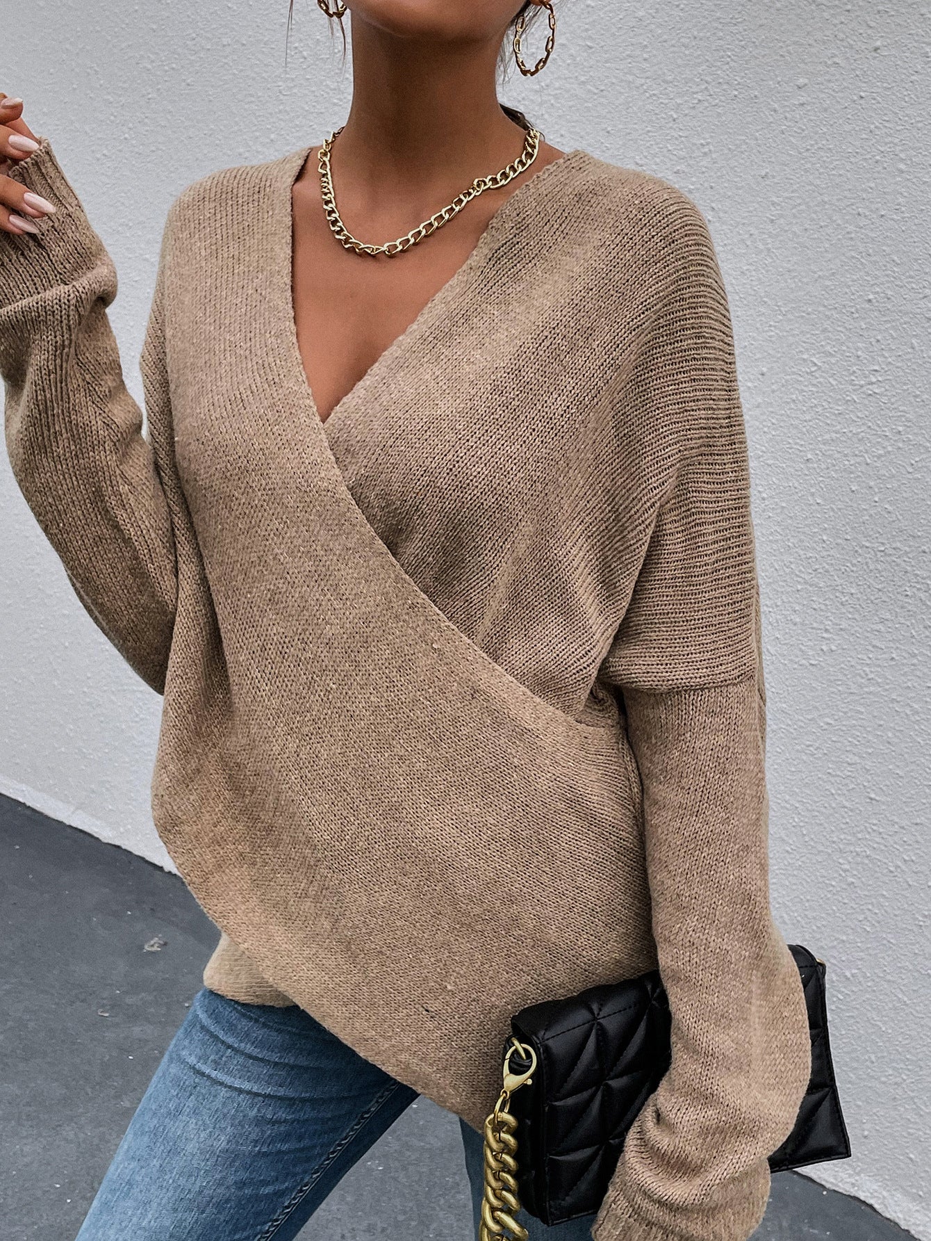 Brown V-neck Wrap Sweater
