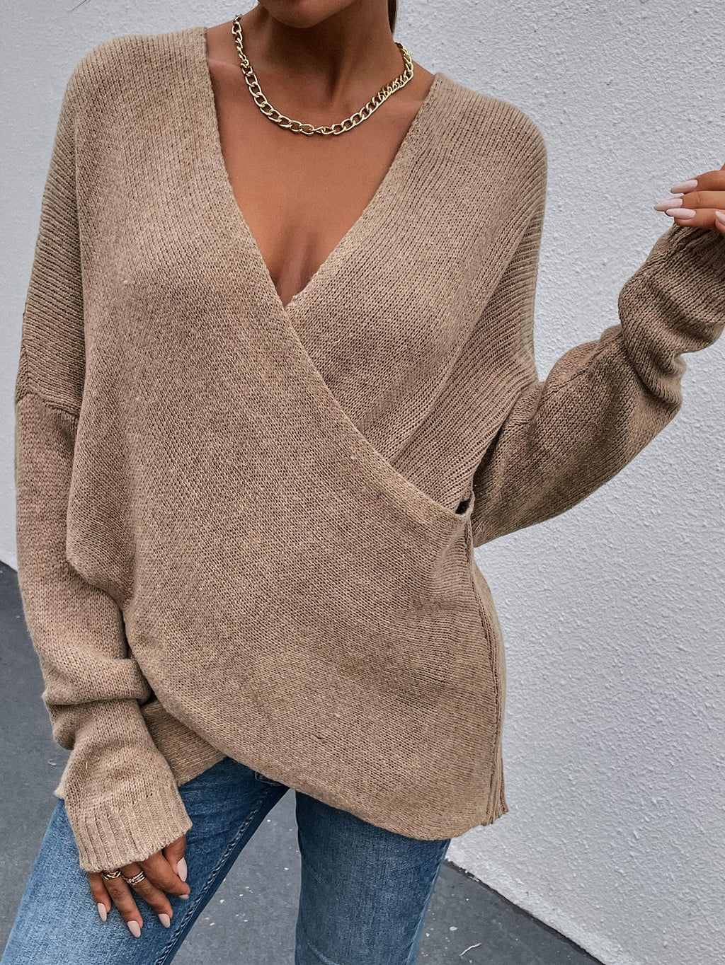 Brown V-neck Wrap Sweater