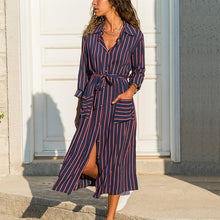 Load image into Gallery viewer, Stripped Collar Long Sleeve Button Down Pocket Midi Dress
