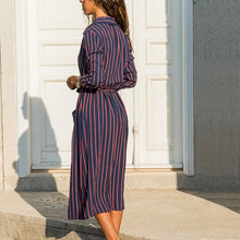Load image into Gallery viewer, Stripped Collar Long Sleeve Button Down Pocket Midi Dress
