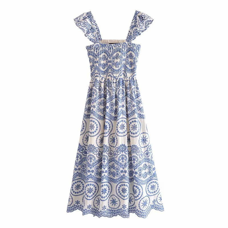 Blue Embroidery Hollow Out Midi Dress