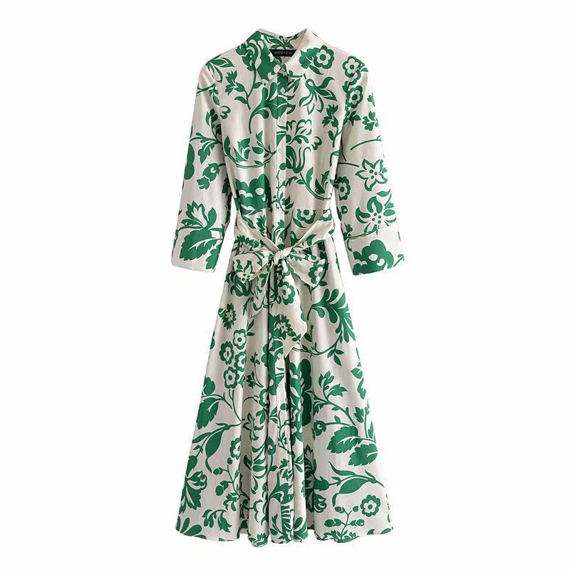 Green Collar Long Sleeve Floral Midi Dress