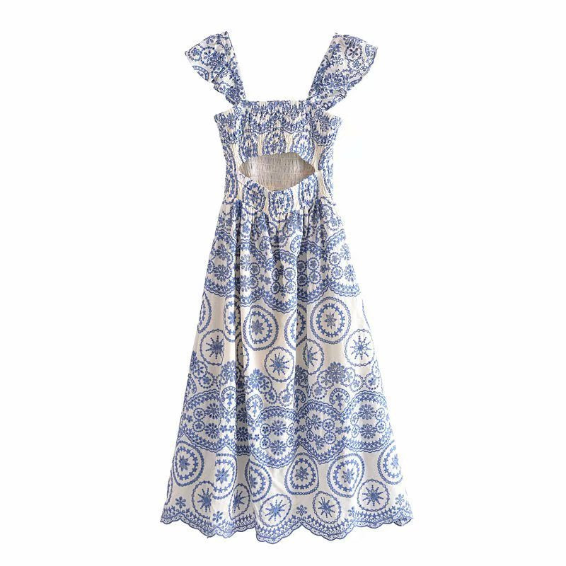 Blue Embroidery Hollow Out Midi Dress