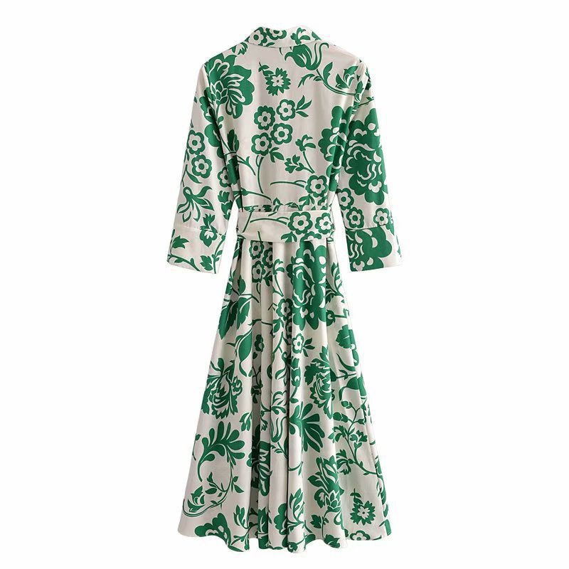 Green Collar Long Sleeve Floral Midi Dress