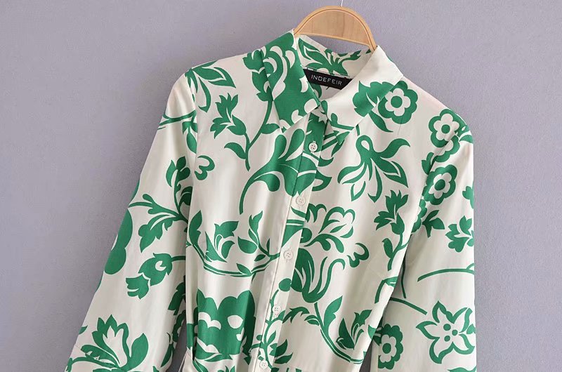 Green Collar Long Sleeve Floral Midi Dress