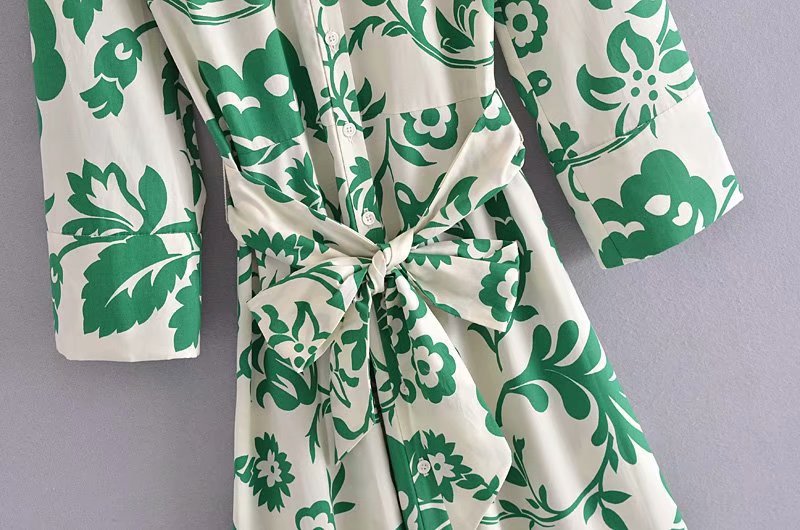 Green Collar Long Sleeve Floral Midi Dress