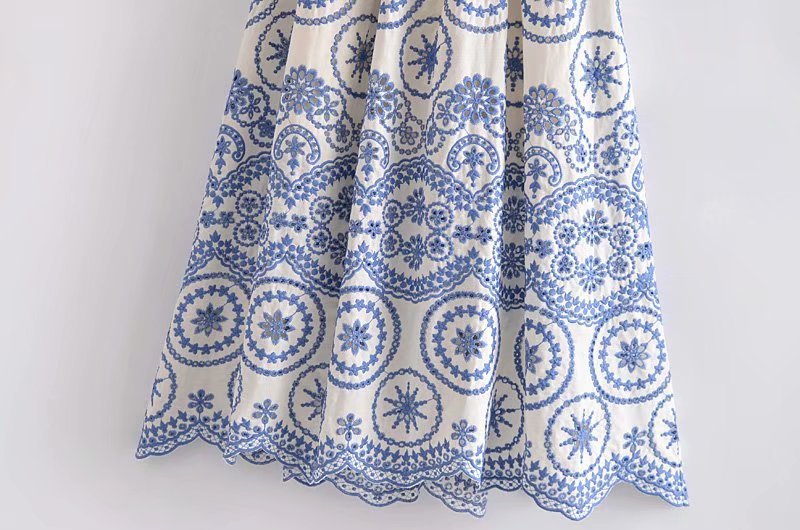 Blue Embroidery Hollow Out Midi Dress