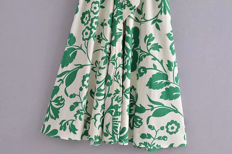 Green Collar Long Sleeve Floral Midi Dress