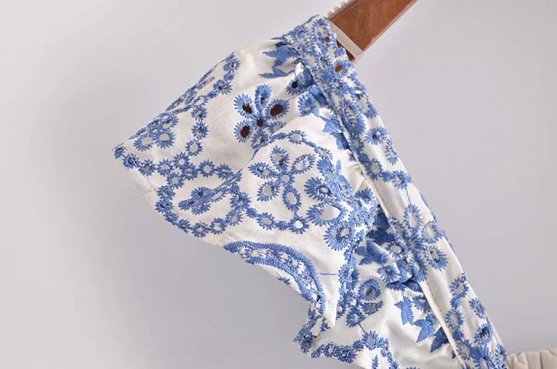 Blue Embroidery Hollow Out Midi Dress