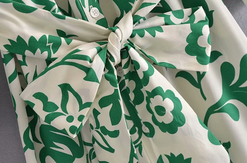 Green Collar Long Sleeve Floral Midi Dress