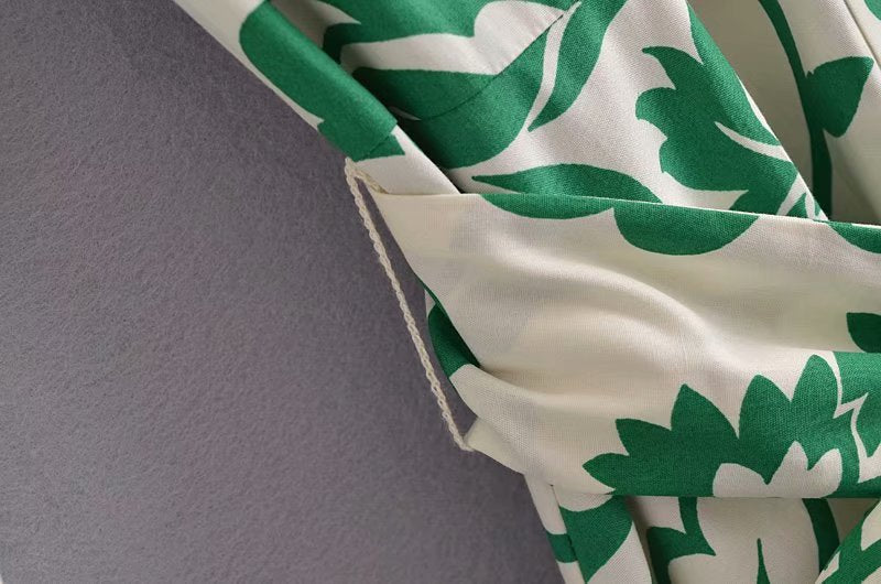 Green Collar Long Sleeve Floral Midi Dress