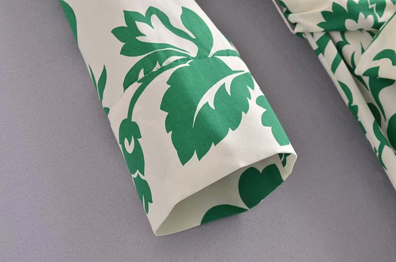 Green Collar Long Sleeve Floral Midi Dress