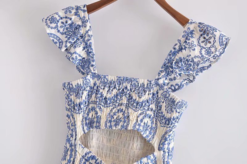 Blue Embroidery Hollow Out Midi Dress