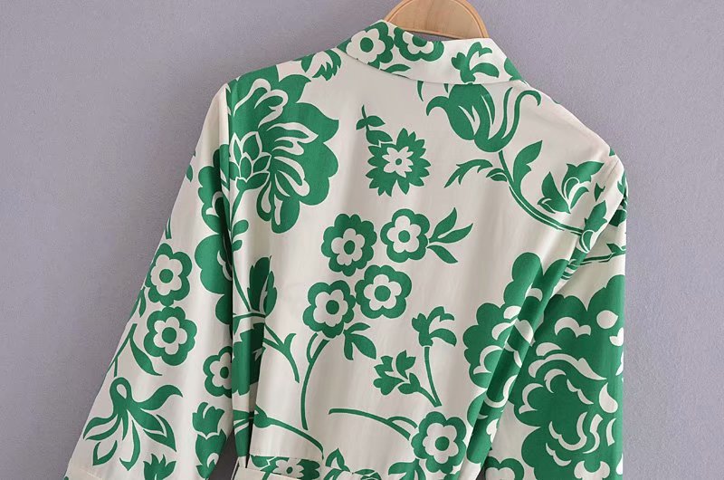 Green Collar Long Sleeve Floral Midi Dress