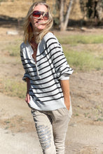 Load image into Gallery viewer, White and Black Stripped Buttons Long Sleeve Sweater
