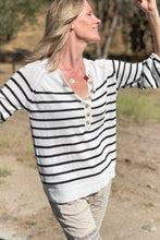 Load image into Gallery viewer, White and Black Stripped Buttons Long Sleeve Sweater
