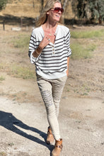 Load image into Gallery viewer, White and Black Stripped Buttons Long Sleeve Sweater
