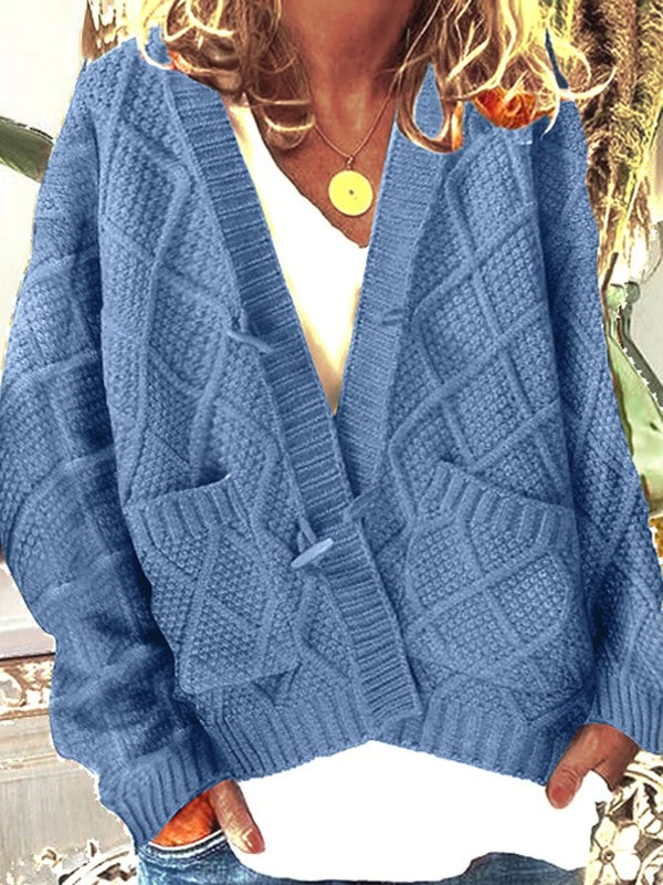Blue Pockets Buttons Long Sleeve Oversize Cardigan Sweater