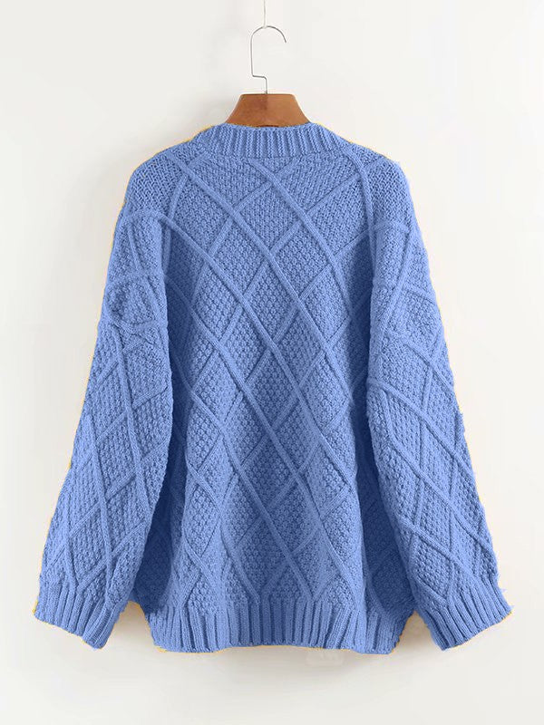 Blue Pockets Buttons Long Sleeve Oversize Cardigan Sweater