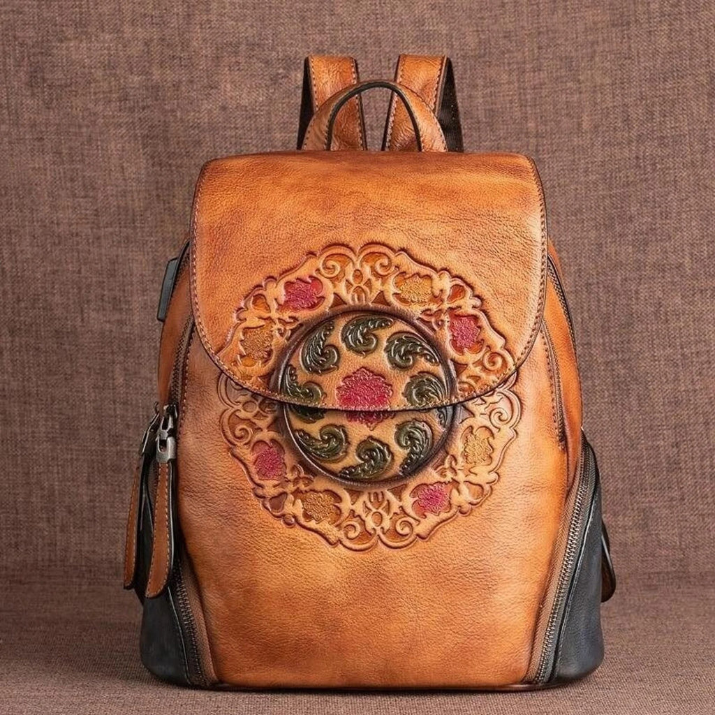 Vintage Embossed Women Leather Backpack