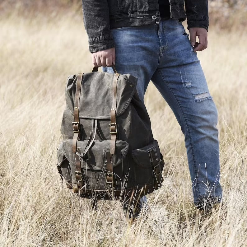 Large Waterproof Travel Backpack Waxed Canvas School Backpack