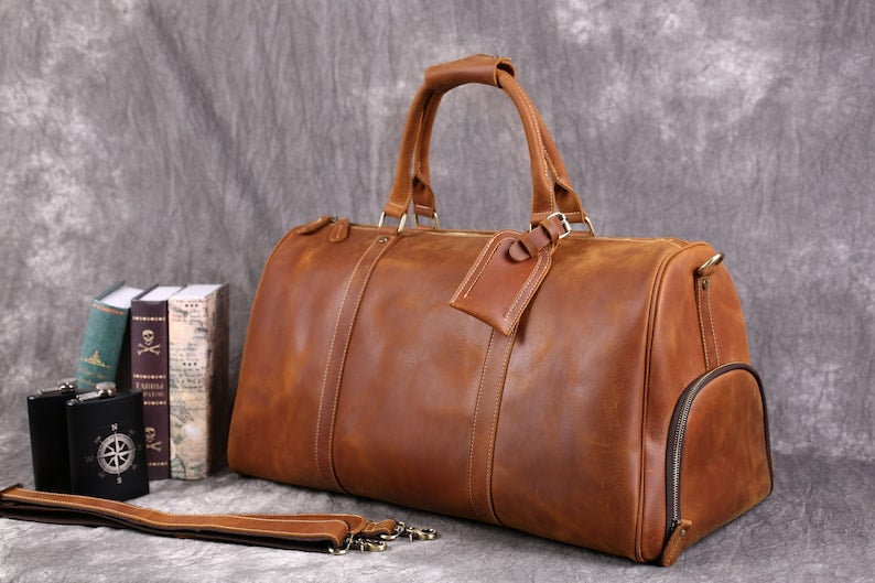 Full Grain Leather Duffle Bag With Shoe Compartment Mens Travel Bag
