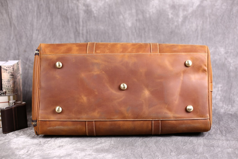 Full Grain Leather Duffle Bag With Shoe Compartment Mens Travel Bag