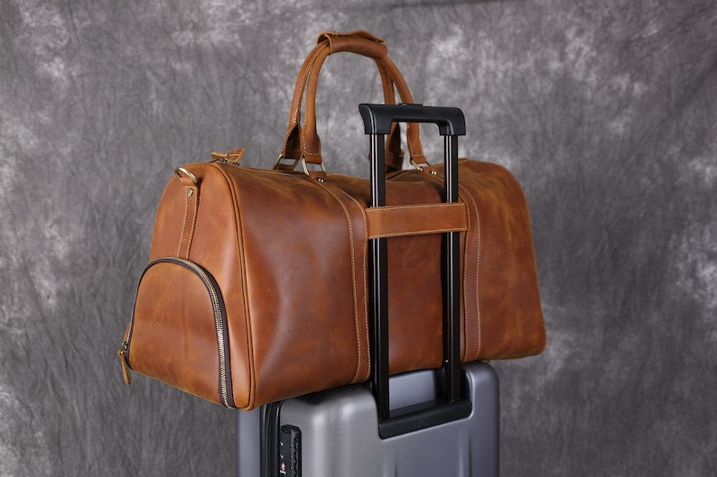 Full Grain Leather Duffle Bag With Shoe Compartment Mens Travel Bag
