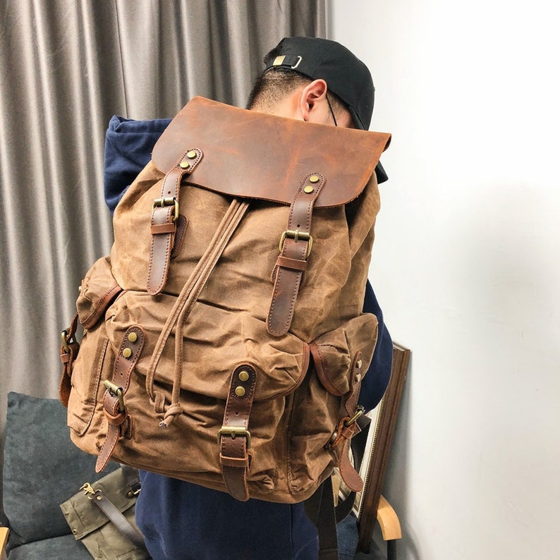 Unisex Travel Backpack Waxed Canvas Outdoor Backpack